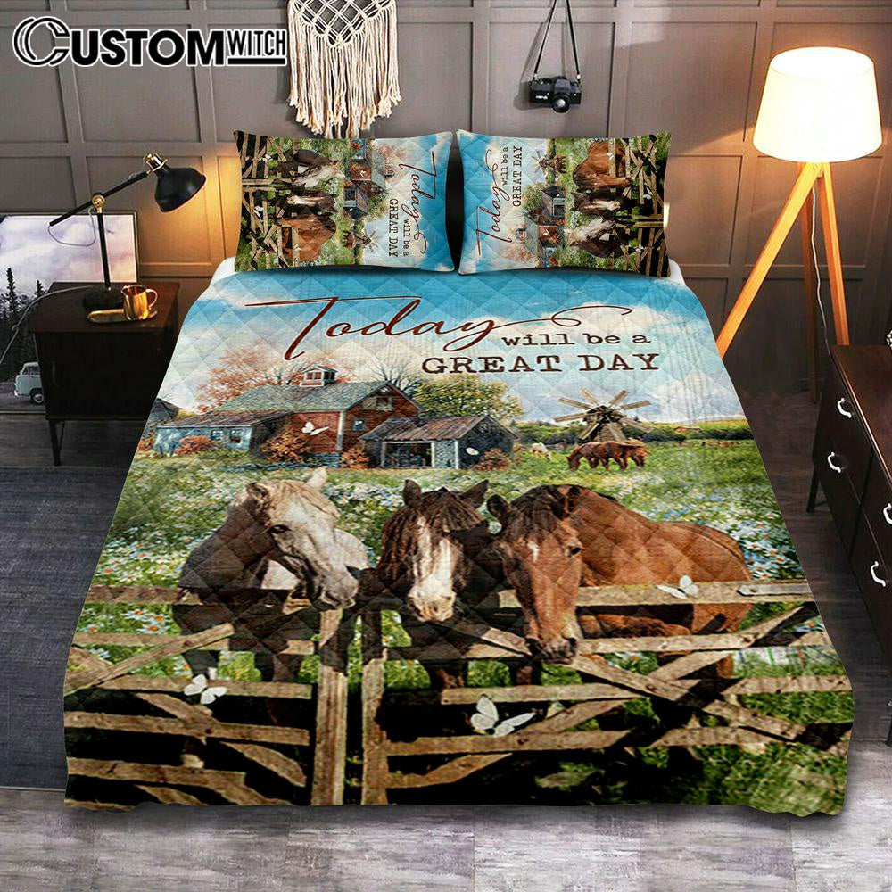 Horse Today Will Be A Great Day Quilt Bedding Set Bedroom - Bible Verse Quilt Bedding Set Art - Christian Home Decor