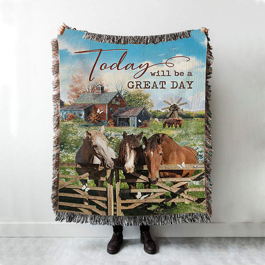 Horse Today Will Be A Great Day Woven Throw Blanket - Bible Verse Woven Blanket Art - Inspirational Art - Christian Home Decor