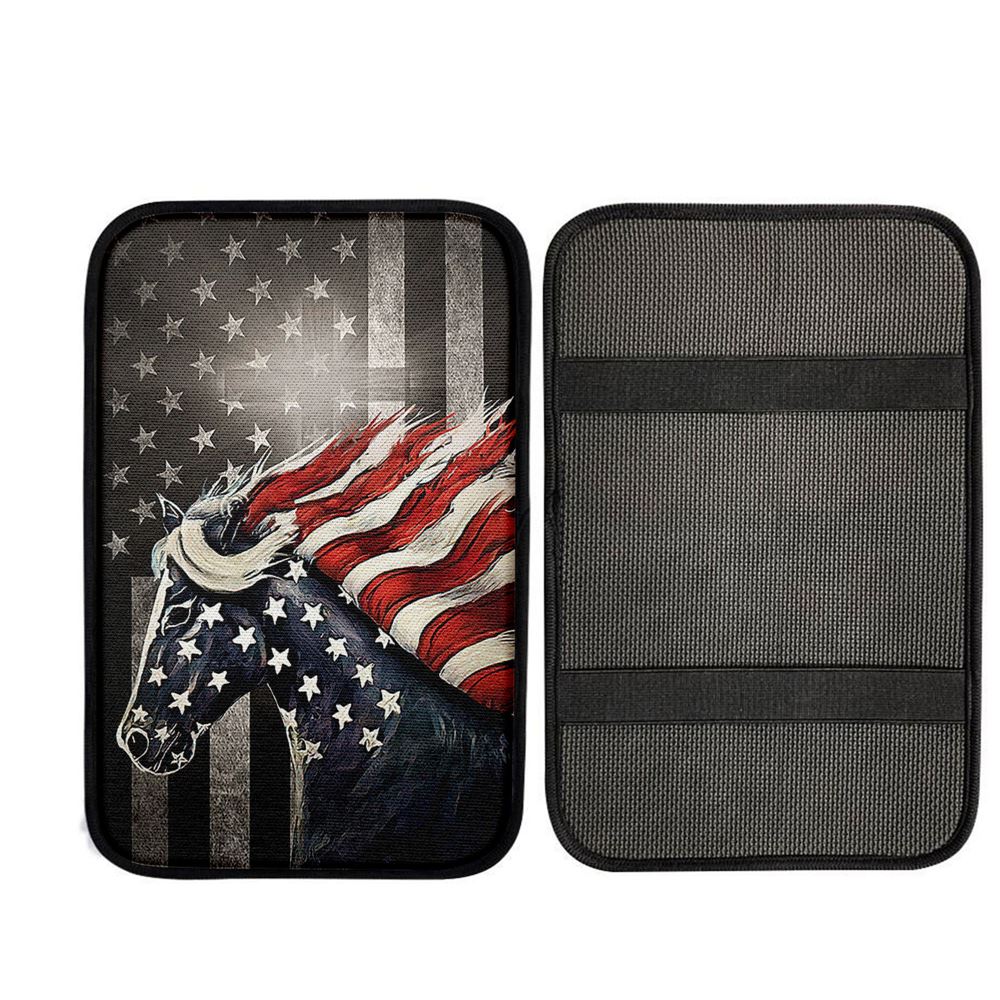 Horse Us Pattern Black Background Us Flag Car Armrest Pad Car Center Console Cover, Christian Car Armrest Accessories