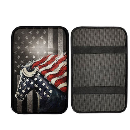 Horse Us Pattern Black Background Us Flag Car Armrest Pad Car Center Console Cover, Christian Car Armrest Accessories
