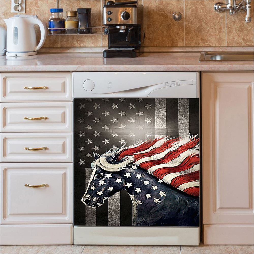 Horse Us Pattern Black Background Us Flag Dishwasher Cover, Christian Dishwasher Stickers, Bible Verse Kitchen Decor