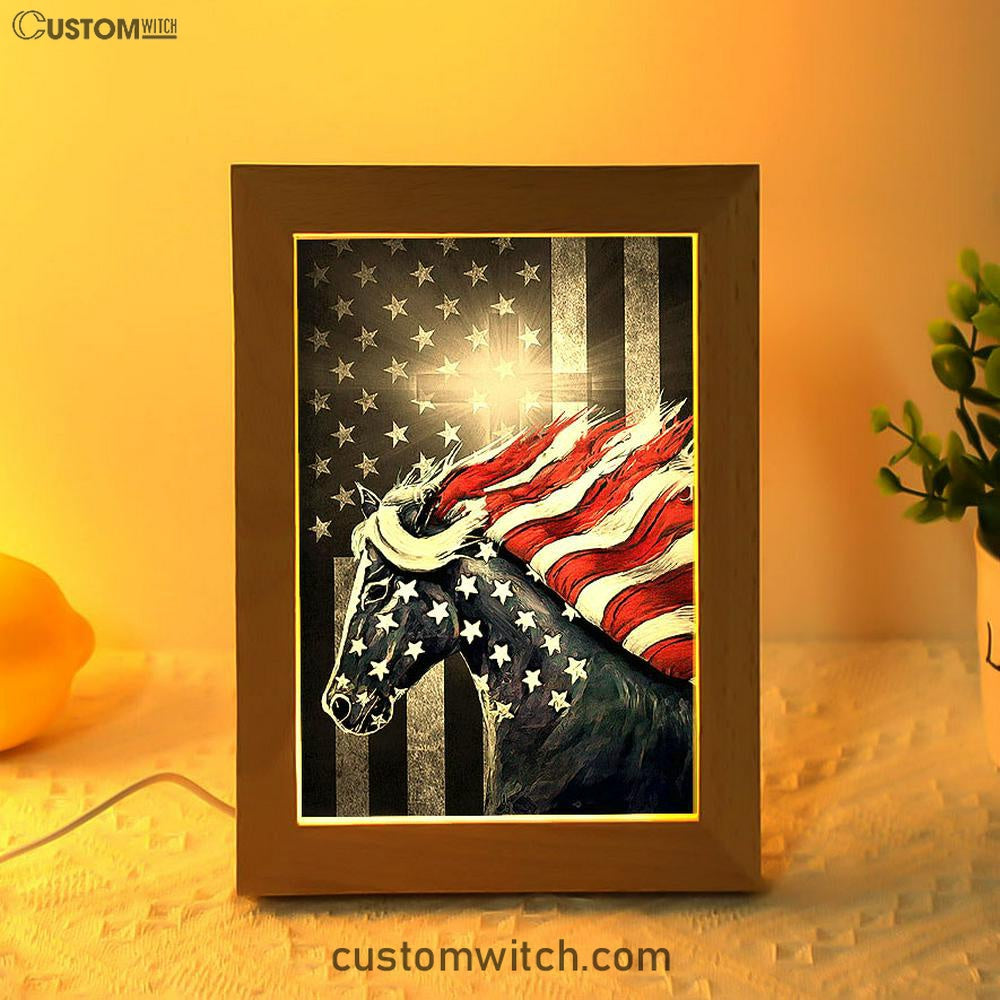 Horse Us Pattern Black Background Us Flag Frame Lamp Frame Lamp Art - Christian Night Light - Bible Verse Wooden Lamp