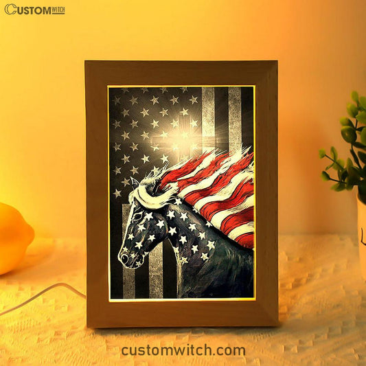 Horse Us Pattern Black Background Us Flag Frame Lamp Frame Lamp Art - Christian Night Light - Bible Verse Wooden Lamp