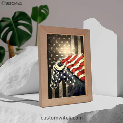 Horse Us Pattern Black Background Us Flag Frame Lamp Frame Lamp Art - Christian Night Light - Bible Verse Wooden Lamp
