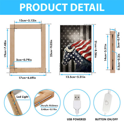 Horse Us Pattern Black Background Us Flag Frame Lamp Frame Lamp Art - Christian Night Light - Bible Verse Wooden Lamp