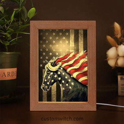 Horse Us Pattern Black Background Us Flag Frame Lamp Frame Lamp Art - Christian Night Light - Bible Verse Wooden Lamp