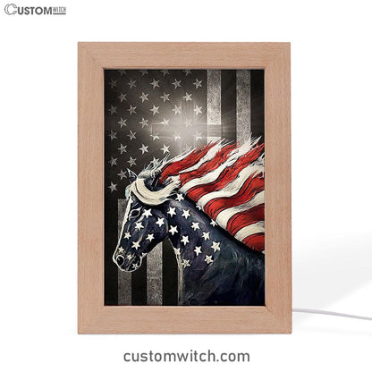 Horse Us Pattern Black Background Us Flag Frame Lamp Frame Lamp Art - Christian Night Light - Bible Verse Wooden Lamp