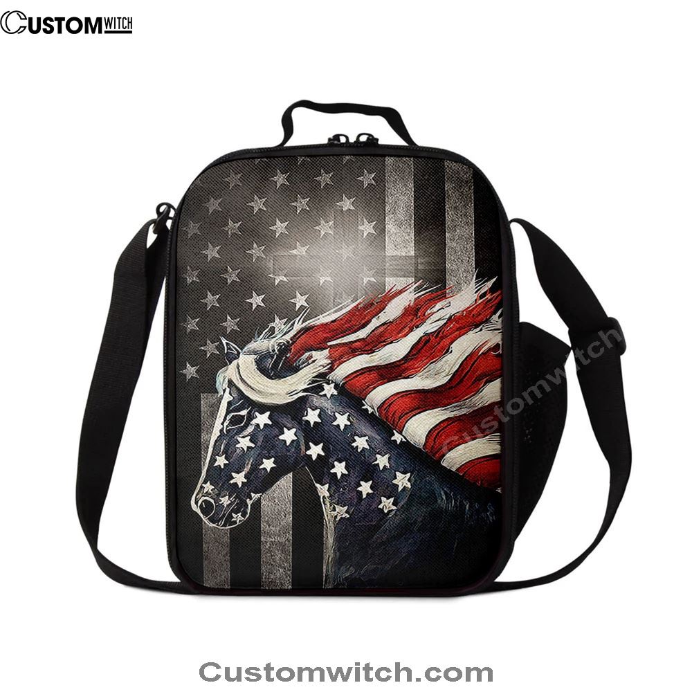 Horse Us Pattern Black Background Us Flag Lunch Bag, Christian Lunch Bag, Religious Lunch Box For School, Picnic