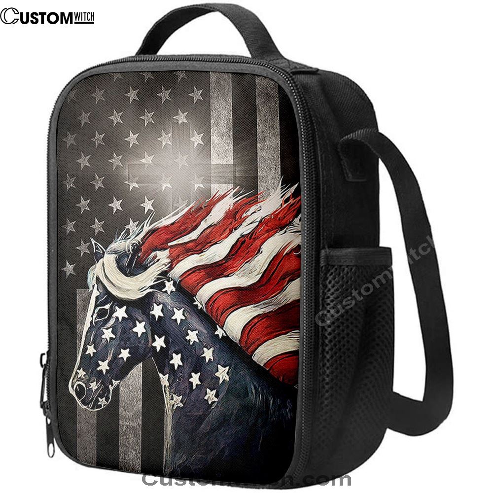 Horse Us Pattern Black Background Us Flag Lunch Bag, Christian Lunch Bag, Religious Lunch Box For School, Picnic