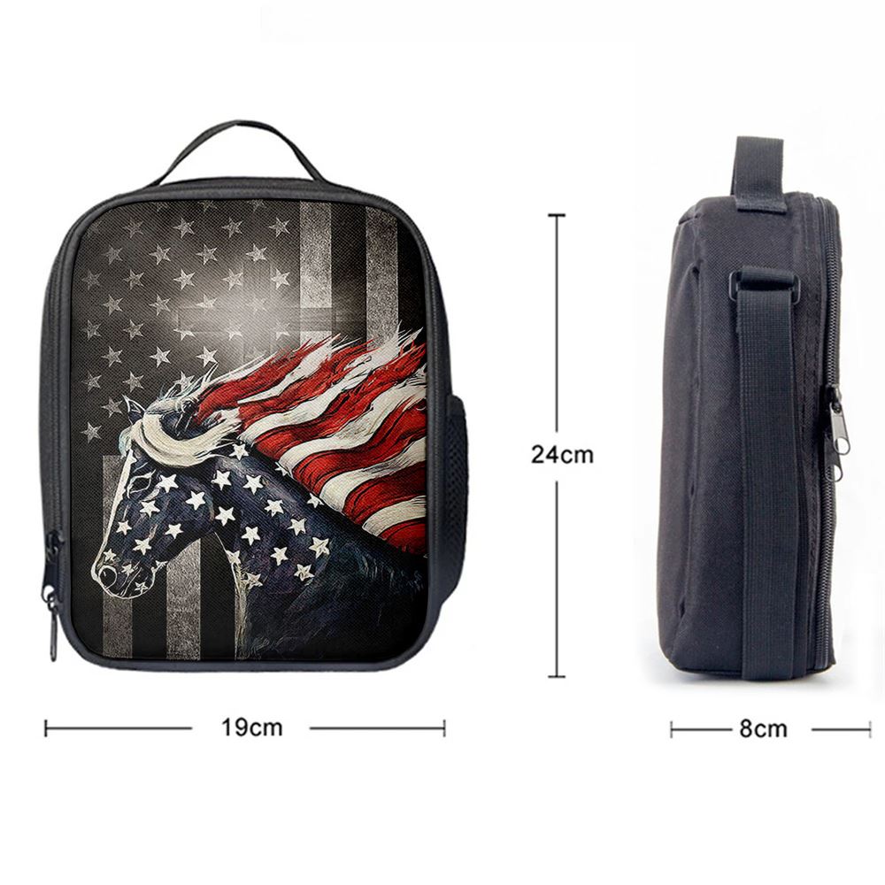 Horse Us Pattern Black Background Us Flag Lunch Bag, Christian Lunch Bag, Religious Lunch Box For School, Picnic