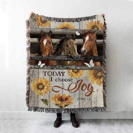 Horse Vintage Sunflower Today I Choose Joy Home Decor Woven Throw Blanket - Christian Wall Woven Blanket - Gift For Horse Lover