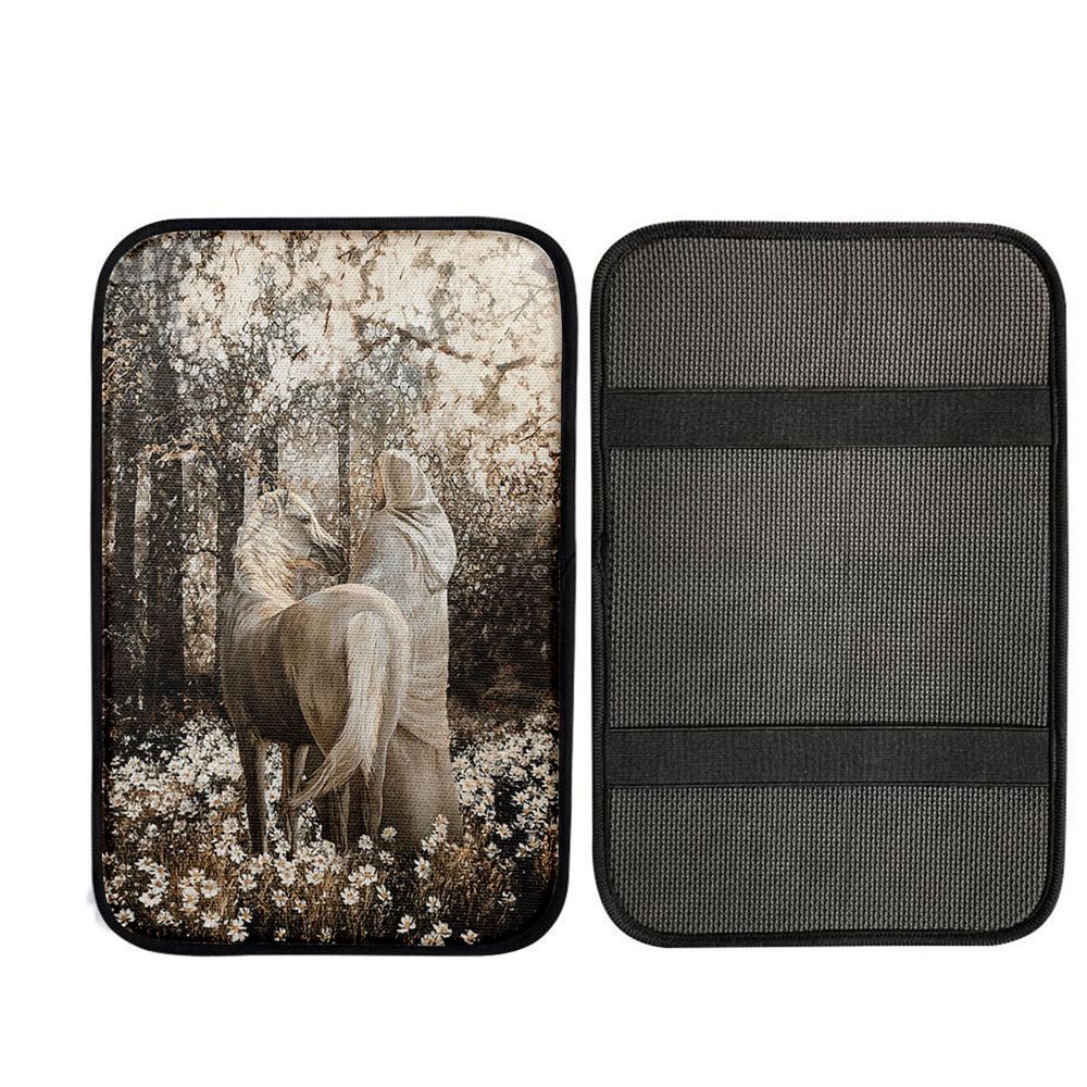 Horse Walking With Jesus Into The Forest Car Center Console Cover, Christian Car Armrest Accessories