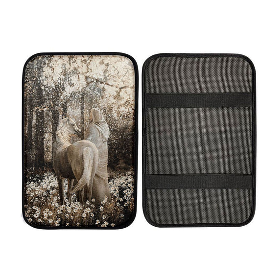 Horse Walking With Jesus Into The Forest Car Center Console Cover, Christian Car Armrest Accessories