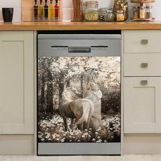 Horse Walking With Jesus Into The Forest Dishwasher Cover, Bible Verse Dishwasher Stickers, Christian Inspirational Kitchen Decor