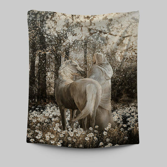 Horse Walking With Jesus Into The Forest Tapestry Art - Bible Verse Wall Art - Christian Inspirational Wall Decor