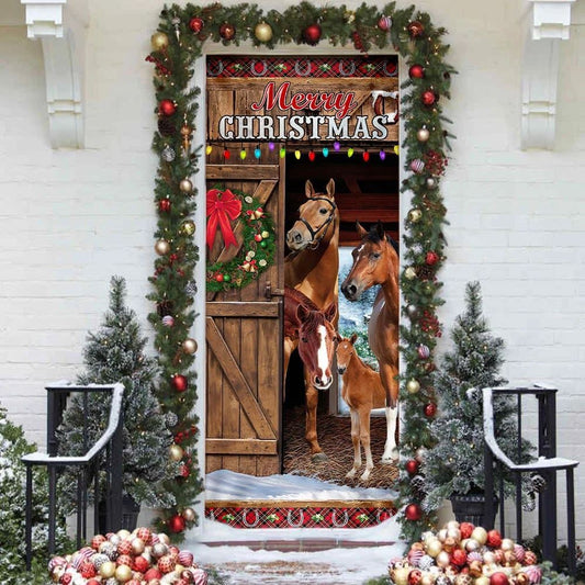 Horses Merry Christmas Door Cover, Christmas Horse Decor, Christmas Door Knob Covers, Christmas Outdoor Decoration
