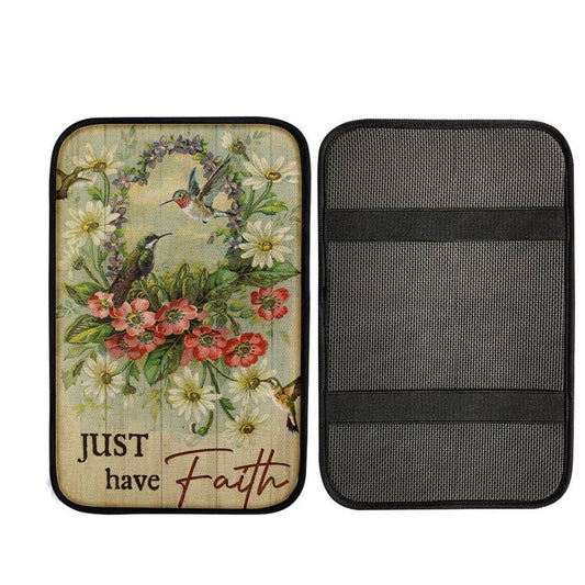 Hummingbird Flower Wreath Just Have Faith Car Center Console Cover, Car Armrest Pad, Christian Gift, Armrest Box Mat