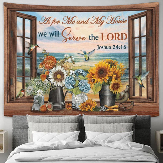 Hummingbird Flowers Beach We Will Serve The Lord Tapestry, Tapestries for Living Room Bedroom