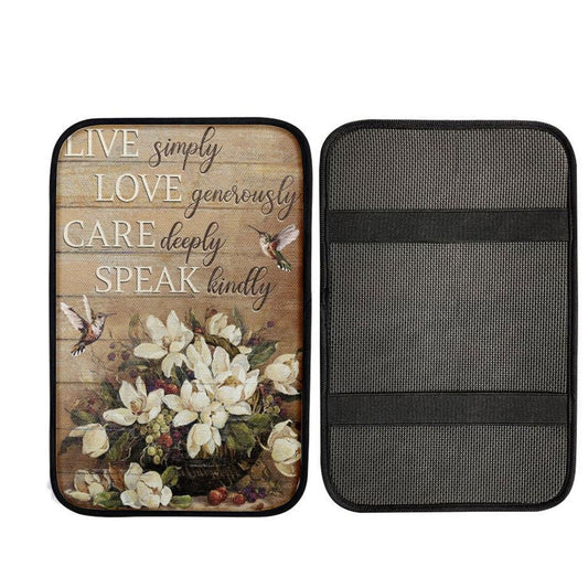 Hummingbird, Live Simply, Love Generously, Care Deeply, Speak Kindly Car Center Console Cover, Car Armrest Pad, Christian Gift