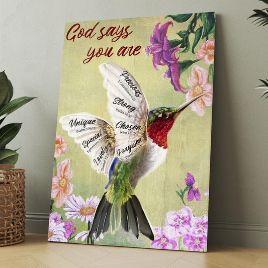 Hummingbird Painting Flowers God Says You Are Canvas, Christmas Gift for Christian