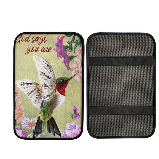 Hummingbird Painting Flowers God Says You Are Car Center Console Cover, Car Armrest Pad, Christian Gift, Armrest Box Mat