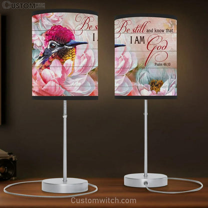 Hummingbird, Pink Camellia Flower, Be Still And Know That I Am God Table Lamb