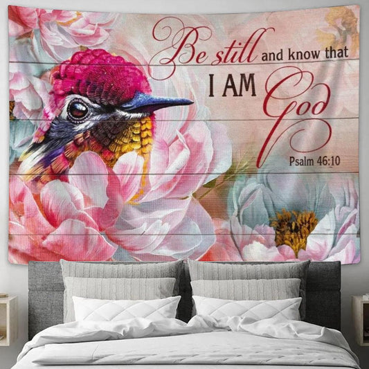Hummingbird, Pink Camellia Flower, Be Still And Know That I Am God Tapestry, Tapestries for Living Room Bedroom