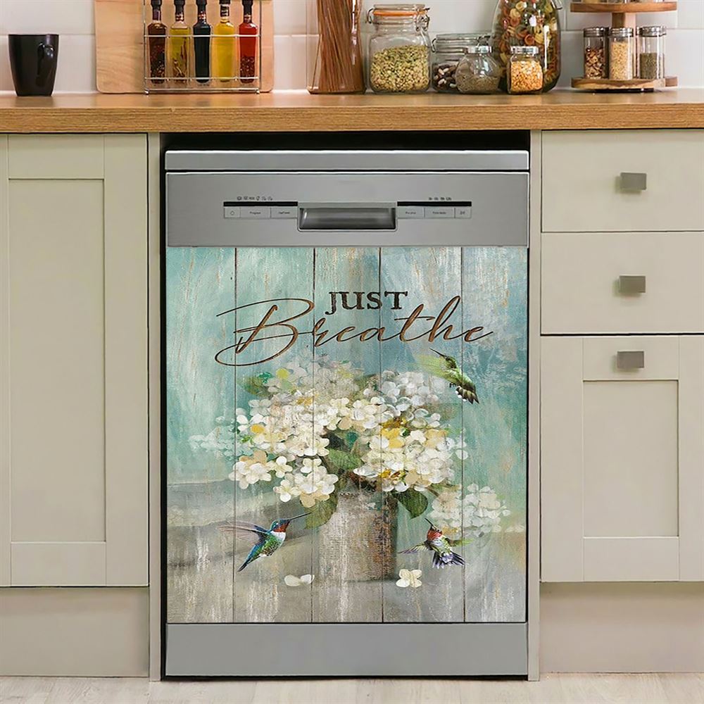Hummingbird White Flower Just Breathe Dishwasher Cover, Christian Dishwasher Stickers, Bible Verse Kitchen Decor