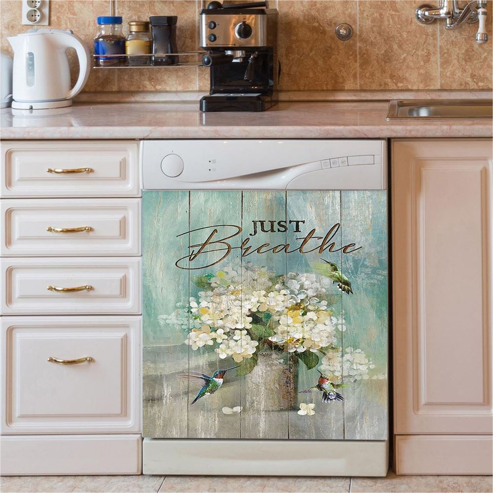 Hummingbird White Flower Just Breathe Dishwasher Cover, Christian Dishwasher Stickers, Bible Verse Kitchen Decor