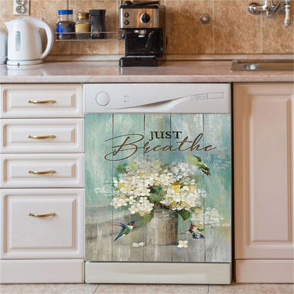 Hummingbird White Flower Just Breathe Dishwasher Cover, Christian Dishwasher Stickers, Bible Verse Kitchen Decor