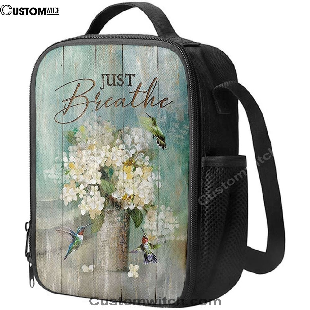 Hummingbird White Flower Just Breathe Lunch Bag, Christian Lunch Bag, Religious Lunch Box For School, Picnic
