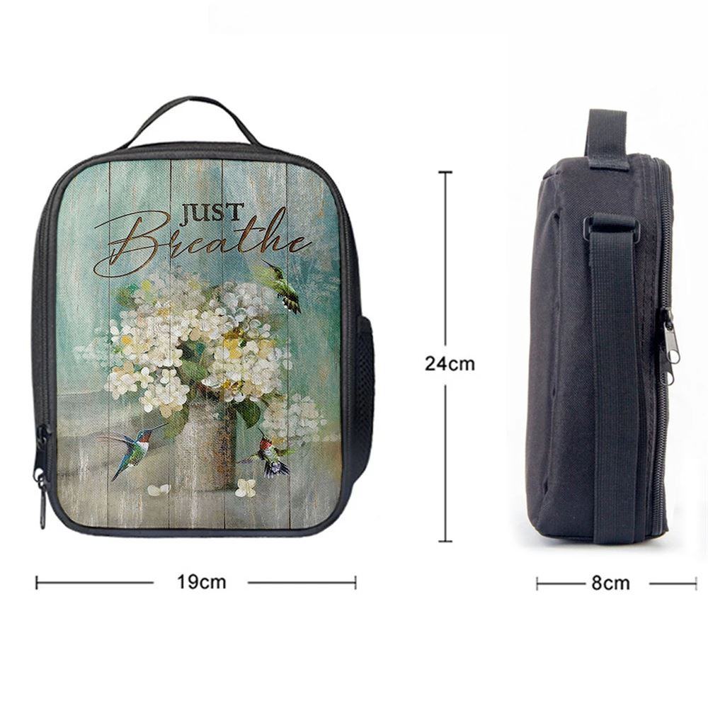 Hummingbird White Flower Just Breathe Lunch Bag, Christian Lunch Bag, Religious Lunch Box For School, Picnic
