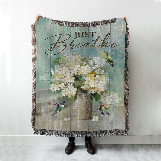 Hummingbird White Flower Just Breathe Woven Blanket Art - Christian Art - Bible Verse Throw Blanket - Religious Home Decor