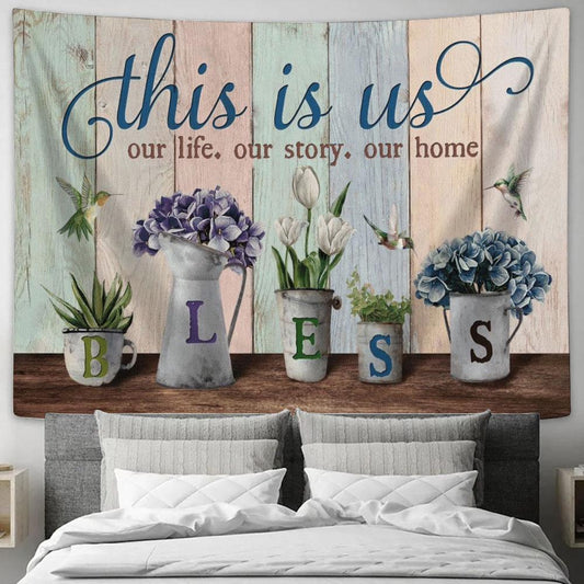 Hydrangea Flower Hummingbird Tulip Painting This Is Us Tapestry, Tapestries for Living Room Bedroom