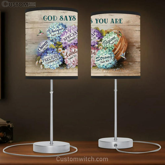 Hydrangeas God Says You Are Unique Large Table Lamb Art - Christian Bedroom Decor - Religious Wall Decor