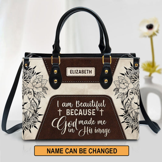 I Am Beautiful Because God Made Me In His Image Leather Bag, Custom Name Flower Leather Handbag, Christian Gifts For Women