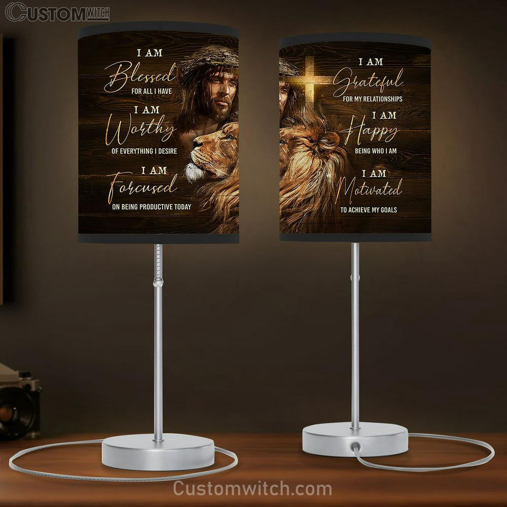 I Am Bless For All I Have Table Lamb - Jesus Faith God Lion Head Large Table Lamb Art - Christian Bedroom Decor - Religious Wall Decor