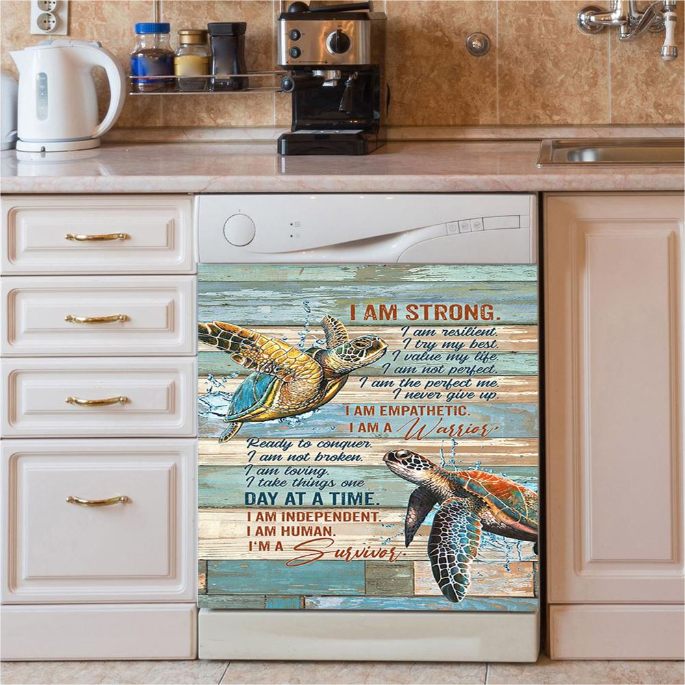 I Am Strong I Am A Survivor Sea Turtle Dishwasher Cover, Christian Dishwasher Stickers, Bible Verse Kitchen Decor