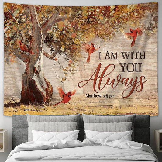 I Am With You Always Autumn Forest Red Cardinals Tapestry Wall Art - Bible Verse Tapestry - Religious Tapestry Wall Hanging