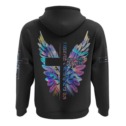 I Believe There Are Angels Among Us Wings Cross All Over Print 3D Hoodie, Christian Hoodie, Christian Sweatshirt, Bible Verse Shirt