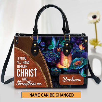 I Can Do All Things Through Christ Leather Bag, Custom Name Butterfly Leather Handbag, Christian Gifts For Women
