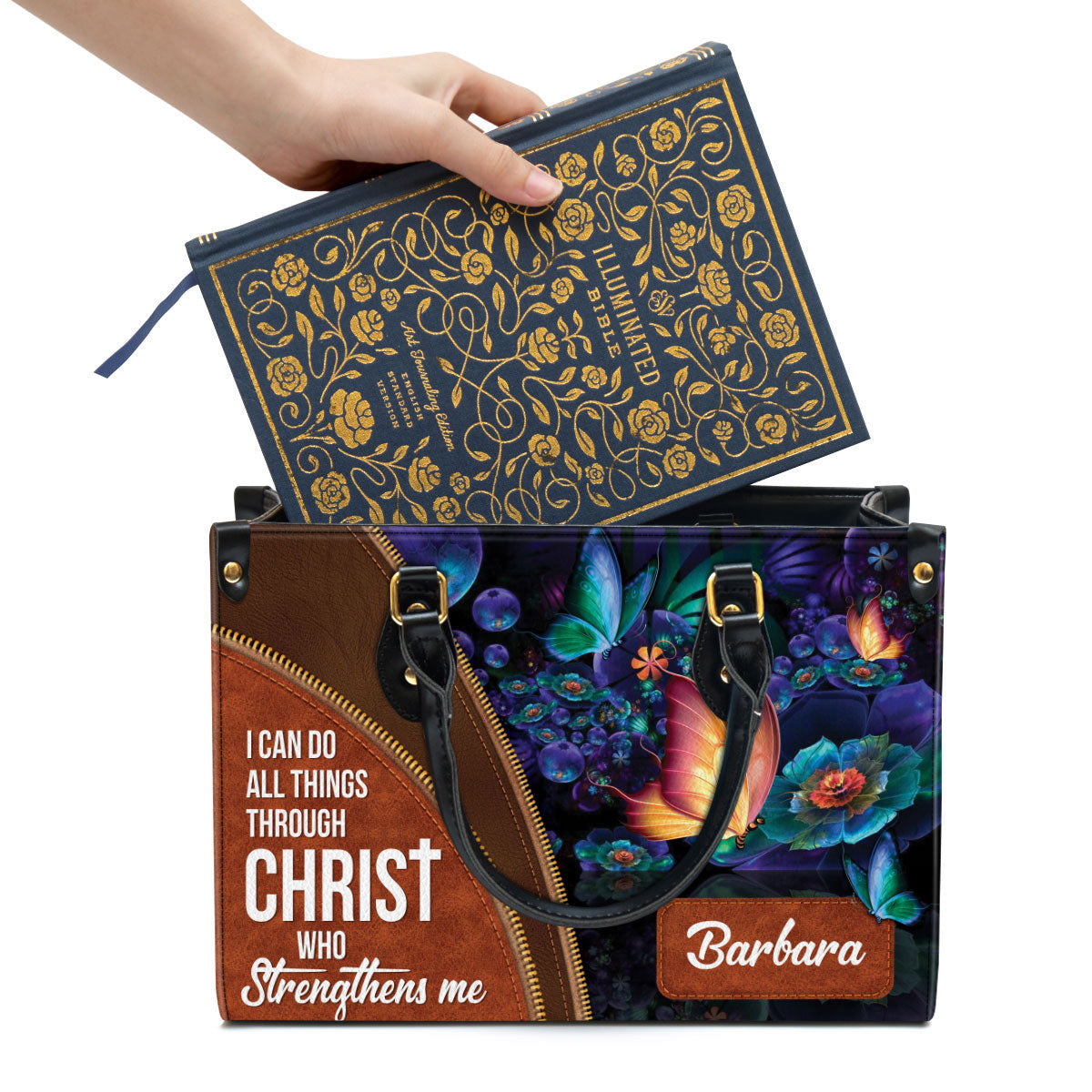 I Can Do All Things Through Christ Leather Bag, Custom Name Butterfly Leather Handbag, Christian Gifts For Women