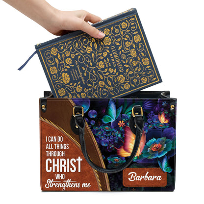 I Can Do All Things Through Christ Leather Bag, Custom Name Butterfly Leather Handbag, Christian Gifts For Women