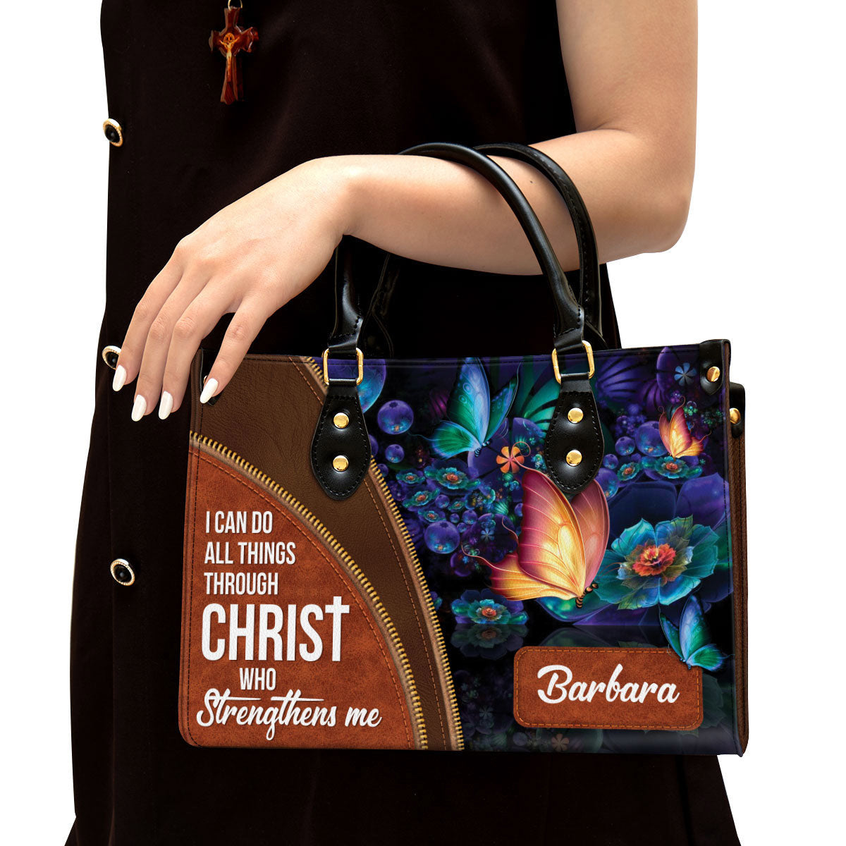 I Can Do All Things Through Christ Leather Bag, Custom Name Butterfly Leather Handbag, Christian Gifts For Women