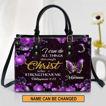 I Can Do All Things Through Christ Personalized Purple Leather Handbag, Gifts For Religious Women