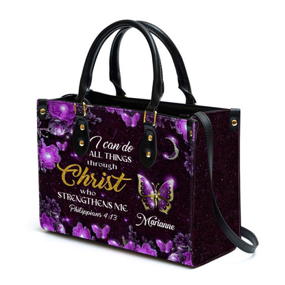 I Can Do All Things Through Christ Personalized Purple Leather Handbag, Gifts For Religious Women