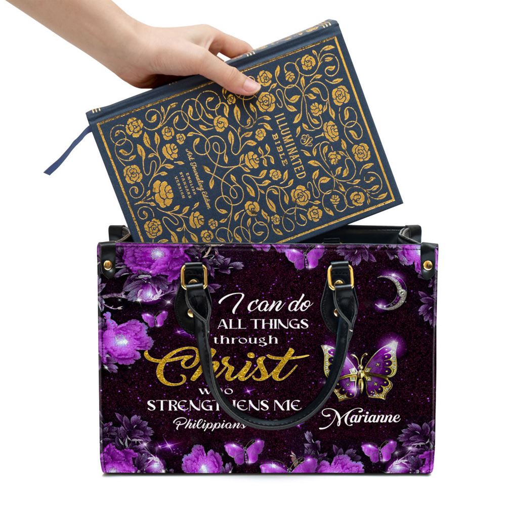 I Can Do All Things Through Christ Personalized Purple Leather Handbag, Gifts For Religious Women