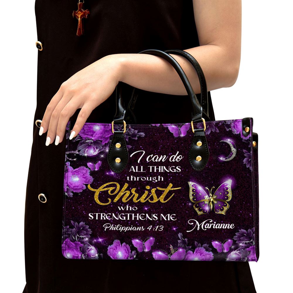 I Can Do All Things Through Christ Personalized Purple Leather Handbag, Gifts For Religious Women