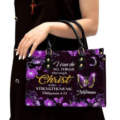 I Can Do All Things Through Christ Personalized Purple Leather Handbag, Gifts For Religious Women