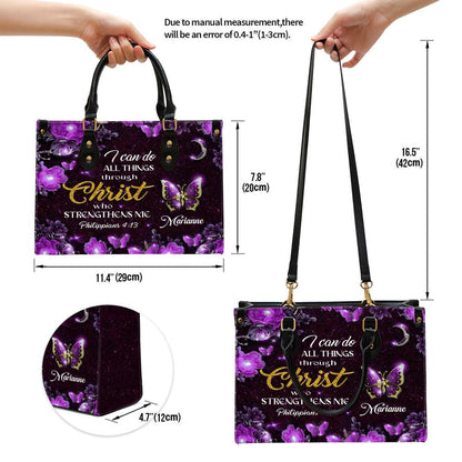 I Can Do All Things Through Christ Personalized Purple Leather Handbag, Gifts For Religious Women